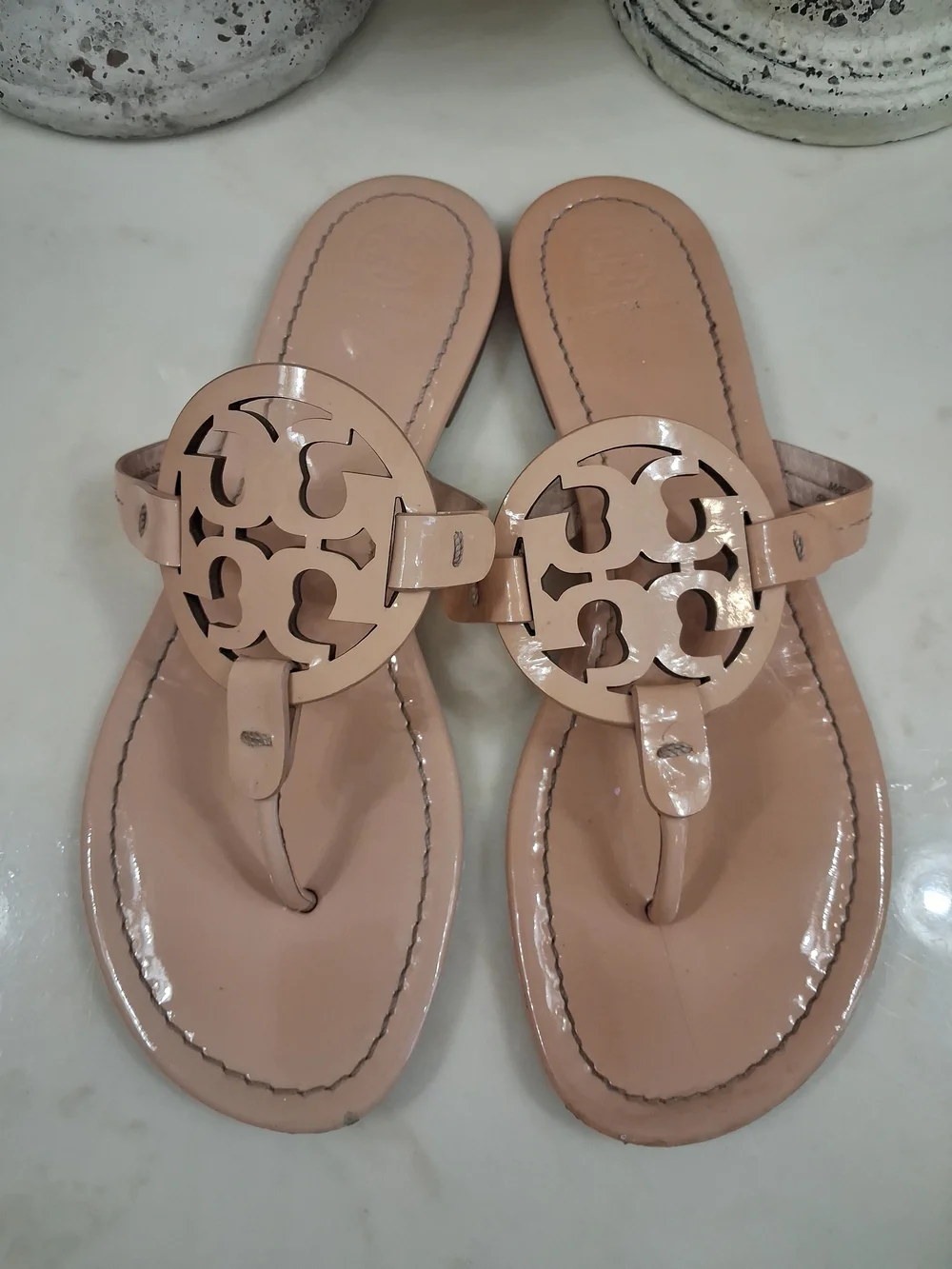 Tory Burch Nude Patent Miller Thong Sandals